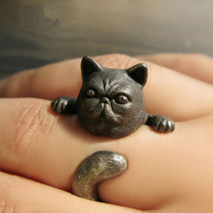 Handmade 925 Sterling Silver Cute Cat Opening Ring